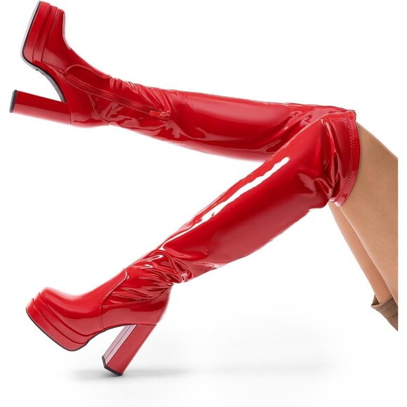 Women's Red-pat Polyurethane (PU) Square Toe Over The Knee Thigh High Boots - Picture 7 of 7